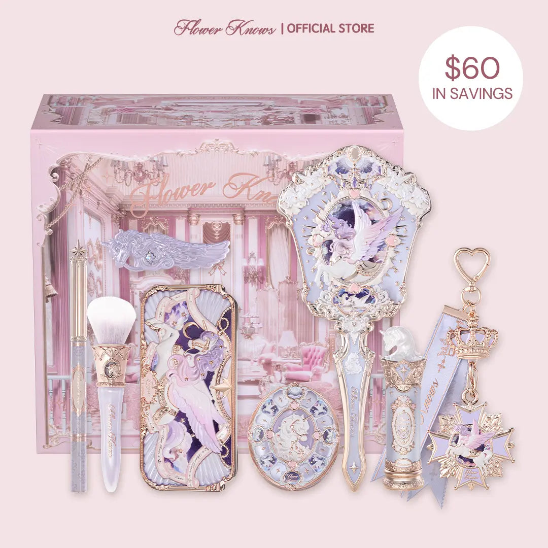 Flower Knows Celestial Bloom Set, 9 Items from Knight Unicorn Collection, Full Face Set with Eyeshadow, Lipstick, Blush, Mirror and Makeup Tools